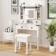 Makeup vanity desk in white with LED mirror, adjustable storage shelves, and matching stool for stylish organization.