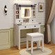 Makeup vanity desk in white with LED mirror, adjustable shelves, and matching stool for stylish beauty organization.