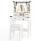 Makeup vanity desk in white with LED mirror, adjustable shelves, and matching stool for stylish storage and.