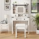 White makeup vanity desk with padded stool, featuring a sliding mirror and four drawers for stylish and organized.
