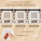 Makeup vanity desk with a 3-color LED lighted mirror, adjustable brightness, and storage shelves in white.