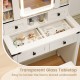 Makeup vanity desk featuring a transparent glass tabletop, adjustable storage shelves, and a 3-color LED lighted mirror.