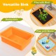 Bright orange versatile sink for kids' mud kitchen playset, perfect for water and mud activities with planting pots.