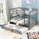 Full over full gray bunk bed with ladder and trundle, featuring sturdy pine wood and modern design for children's rooms.