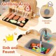 Wooden barbecue grill playset featuring a sink, faucet, and interactive knobs, ideal for kids' imaginative play.