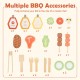 Wooden barbecue grill playset with 25 accessories, including skewers and sauces, for realistic play in playrooms or.