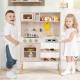 Height-adjustable pink play kitchen with dual stoves, microwave, and lights, perfect for imaginative role-playing.