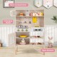 Height-adjustable pink play kitchen with open shelves, microwave, dual stoves, and 5 hanging hooks for imaginative play.