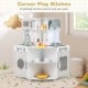 Kids corner wooden play kitchen in gray with range hood, stoves, and engaging lights, perfect for imaginative play.