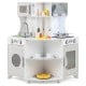 Kids corner wooden play kitchen in gray with stoves, microwave, and accessories for imaginative play and organization.
