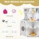 Gray kids' wooden play kitchen with range hood, featuring cookware, dishes, and cups for imaginative play.