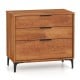 Three-drawer dresser in cherry wood finish with sleek metal handles and removable legs, ideal for bedroom or living.
