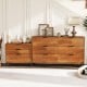 3-drawer cherry dresser with interlock system, featuring a rustic wood grain finish and removable metal support legs.