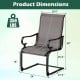 Dimensions of a gray patio chair with breathable fabric, supporting up to 350 lbs, ideal for backyard relaxation.