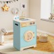 Kids washer playset toy in blue with rotating wheel, detergent drawer, and realistic knobs for imaginative play.