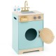 Kids washer playset toy washing machine in blue with open door, laundry detergent bottle, and realistic rotary knobs.