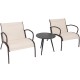 Two Rusic Brown wide armchairs with a side table, featuring breathable fabric, perfect for outdoor relaxation.