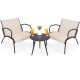 Two wide armchairs with a side table in rustic brown, perfect for outdoor relaxation by the poolside or balcony.
