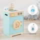 Kids washer playset toy in blue with rotating wheel, detergent drawer, and knobs for imaginative play. Perfect for ages.