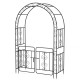 Garden arbor with gate in black, featuring elegant flower decorations and reinforced crossbars for climbing plants.