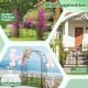 Garden arbor with gate in black, featuring multiple crossbars and stakes, ideal for weddings and climbing plants.