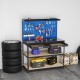Workbench with navy finish, featuring pegboards, drawers, and shelves, ideal for garage or workshop organization.