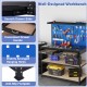 Workbench with navy finish, featuring pegboards, drawers, and shelves for efficient garage or workshop organization.