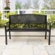 Black metal outdoor bench with high back, ergonomic seat, and curved armrests for garden or patio use.