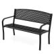 Black metal outdoor bench featuring a spacious ergonomic seat and elegant design, perfect for gardens and patios.