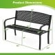 Dimensions of the black metal outdoor bench with high back, suitable for 2-3 people, featuring ergonomic design.