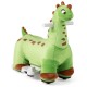 Green plush dinosaur ride-on toy with padded seat, foot pedal, and music features for kids' fun and comfort.