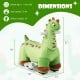 Green 6V kids ride-on dinosaur with padded seat, foot pedal, and music features, designed for fun and stability.