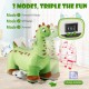 Kids ride-on dinosaur in green with padded seat, foot pedal, and music feature for fun adventures.