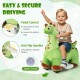 Kids ride-on dinosaur in green with padded seat, pedal control, and anti-slip handles for secure driving at 5 km/h.
