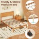 Full-size platform bed frame with headboard, rugged plywood slats, and adjustable foot pads for enhanced stability.