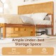 Full-size bed frame with a rustic wood grain finish and ample under-bed storage space for boxes and a sweeper.