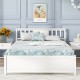 Full-size wooden platform bed in white with stylish headboard and slatted support, perfect for any bedroom decor.
