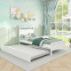 Twin size wooden bed frame with trundle in white, showcasing a spacious design and convenient wheels for easy access.