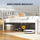 Full-size wooden platform bed in white with 12" under-bed space, featuring a stylish headboard and slatted support.
