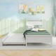 Twin size wooden bed frame with trundle in white, highlighting flexible wheels and a clean design for stylish bedroom.