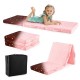 Foldable pink floor mattress for kids with washable flannel cover, featuring a tri-fold design for easy storage and.