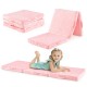 Foldable pink floor mattress for kids with a soft flannel cover, designed for comfort and easy transport with carrying.