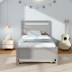 Twin size gray wooden bed frame with trundle, showcasing clean lines and stable support legs, perfect for teen or guest.