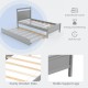 Twin size wooden bed frame in gray with trundle, featuring sturdy slats and stable support legs for versatile bedroom.