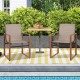 Set of 2 outdoor dining chairs with breathable fabric seats and simulated wood grain armrests, perfect for patio dining.