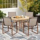 Set of 2 brown outdoor dining chairs with breathable fabric, ergonomic backrest, and sturdy metal frame for patio use.