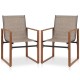 Set of 2 outdoor dining chairs with breathable fabric seats and simulated wood grain armrests for patio relaxation.