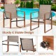 Set of 2 outdoor dining chairs with breathable fabric, ergonomic backrest, and sturdy metal frame for patio use.