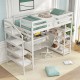 Twin size loft bed in white with desk, storage stairs, and safety guardrails, perfect for maximizing space and.
