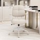 Beige upholstered task chair with cushioned back and arms, featuring a sturdy base and height adjustment for home.